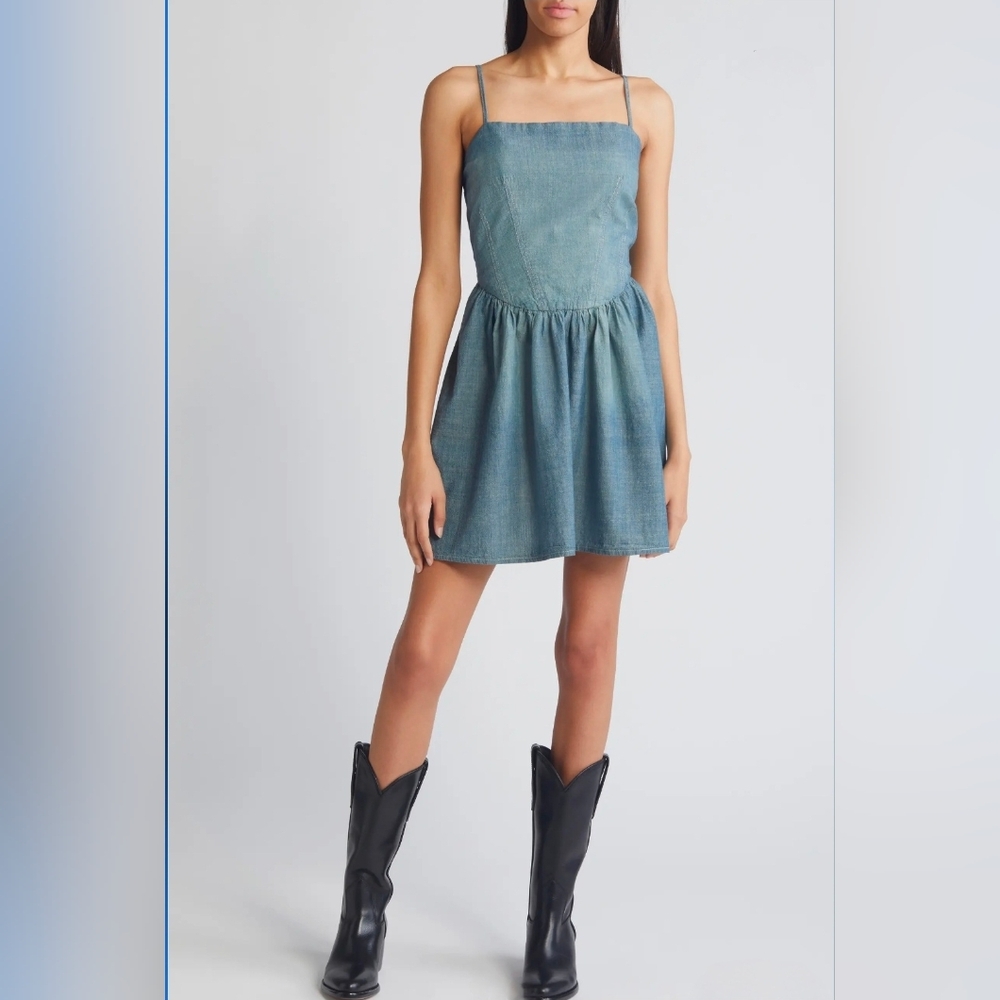 Re/Done & Pam Gathered Sleeveless Organic Cotton Chambray Minidress Size Medium